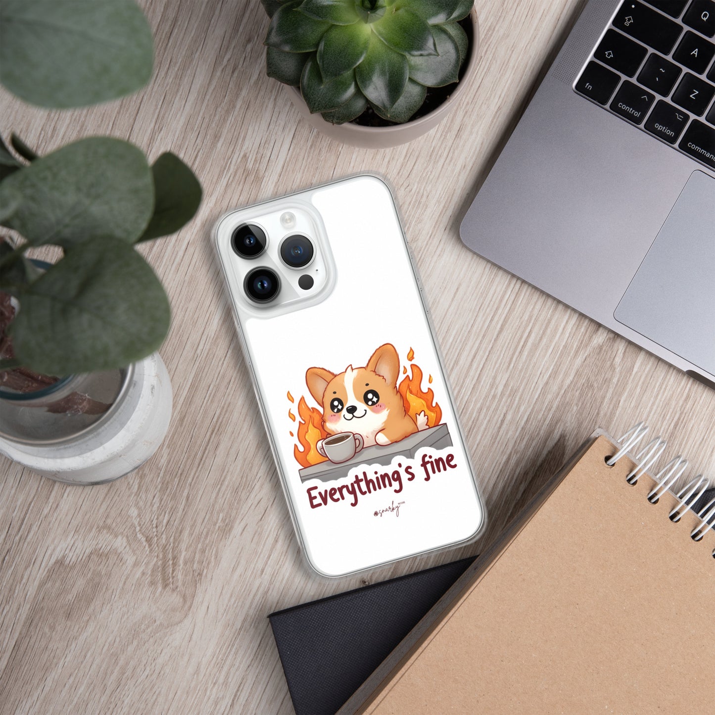 Everything's Fine - Adorable Corgi At Desk on Fire iPhone® Case