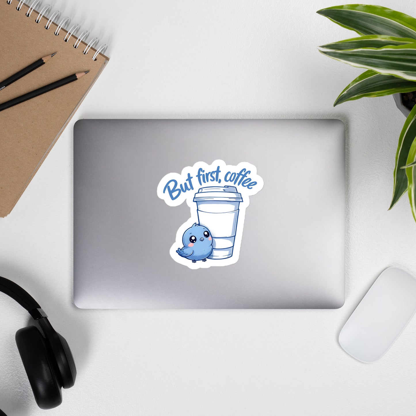 But First Coffee - Cute Blue Bird Gazes Up At Large Coffee Sticker