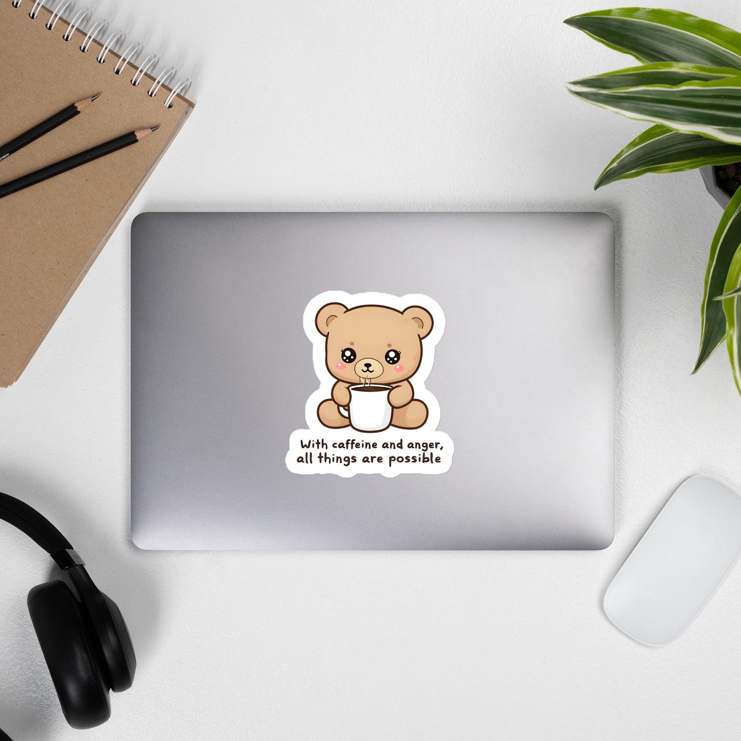 With Caffeine and Anger - Cartoon Teddy Bear Sipping Coffee Sticker