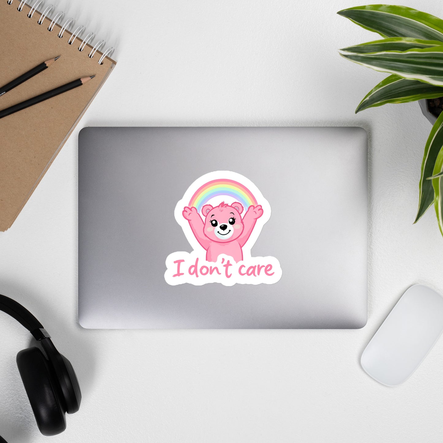 I Don't Care - Cheerful Pink Bear with Rainbow Sticker