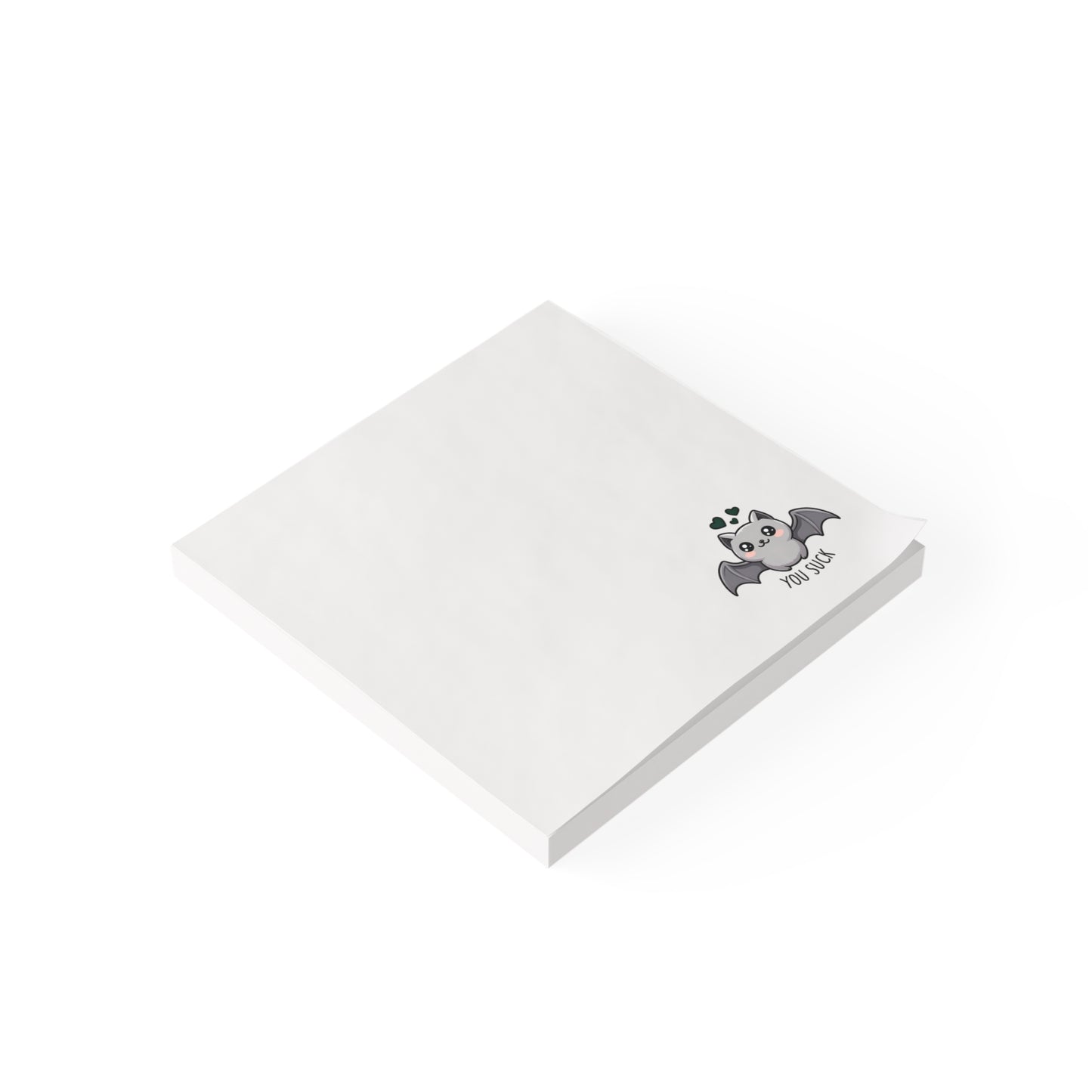 White notepad with a bat illustration on a white background