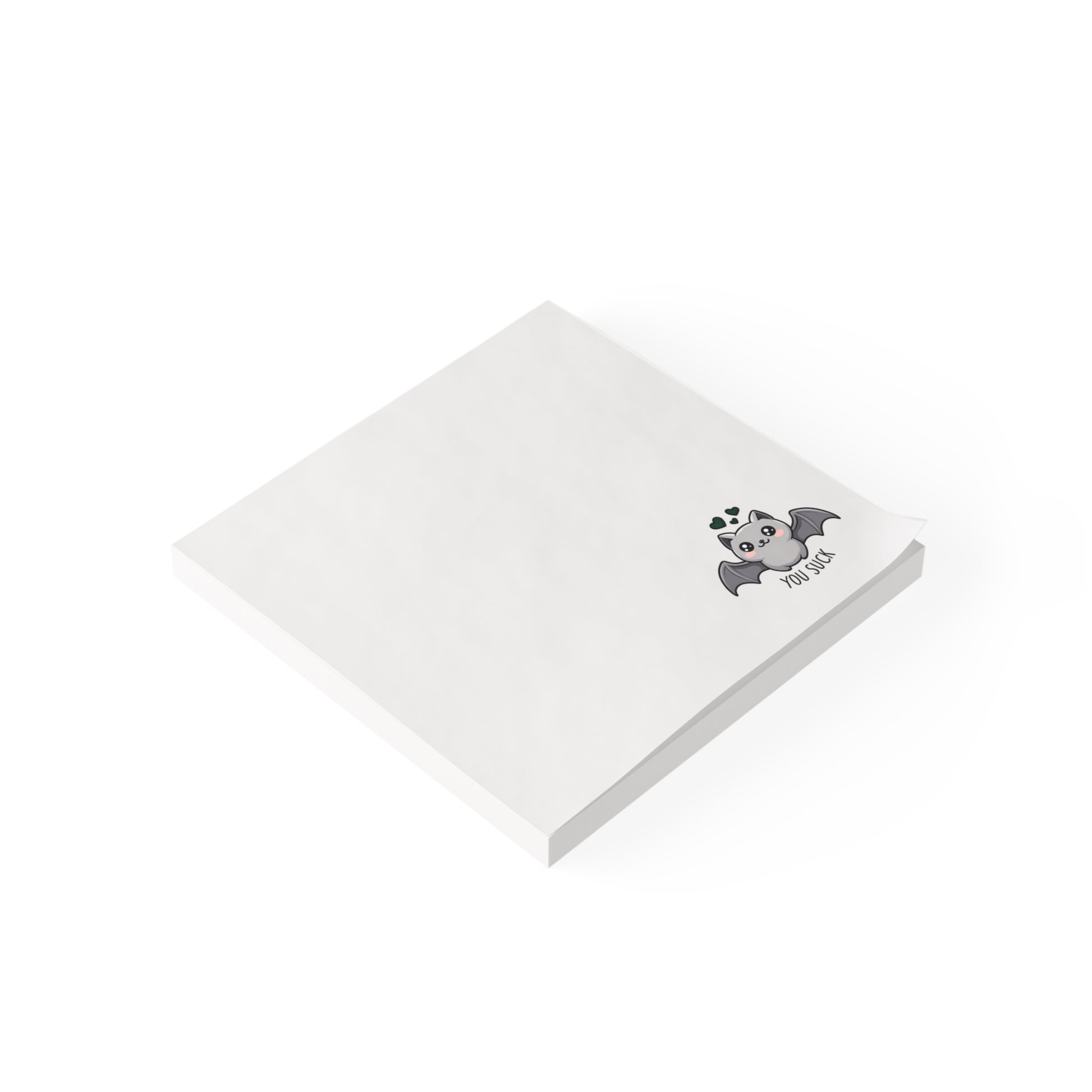 White notepad with a bat illustration on a white background