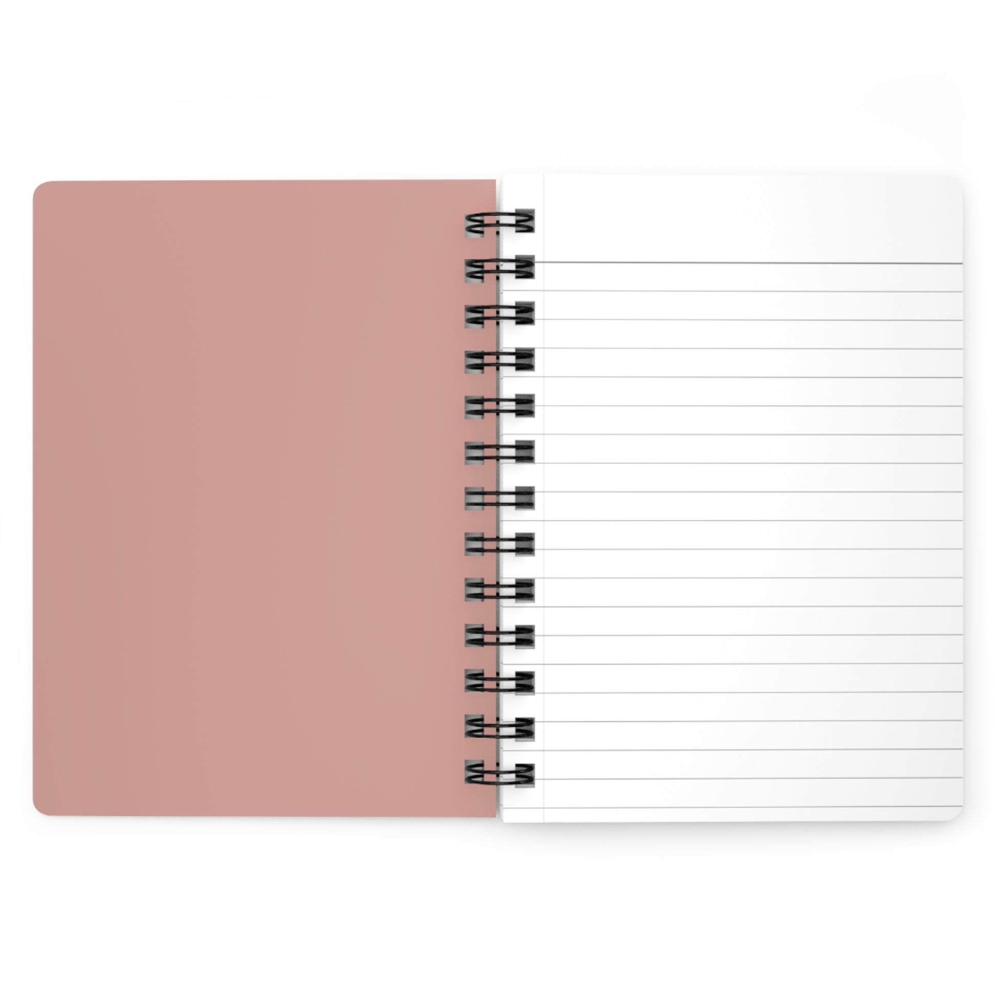 Notebook with pink cover and white lined pages on a white background