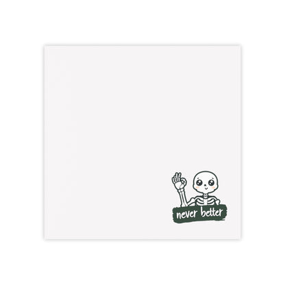Skelemoji with 'never better' text on a white background