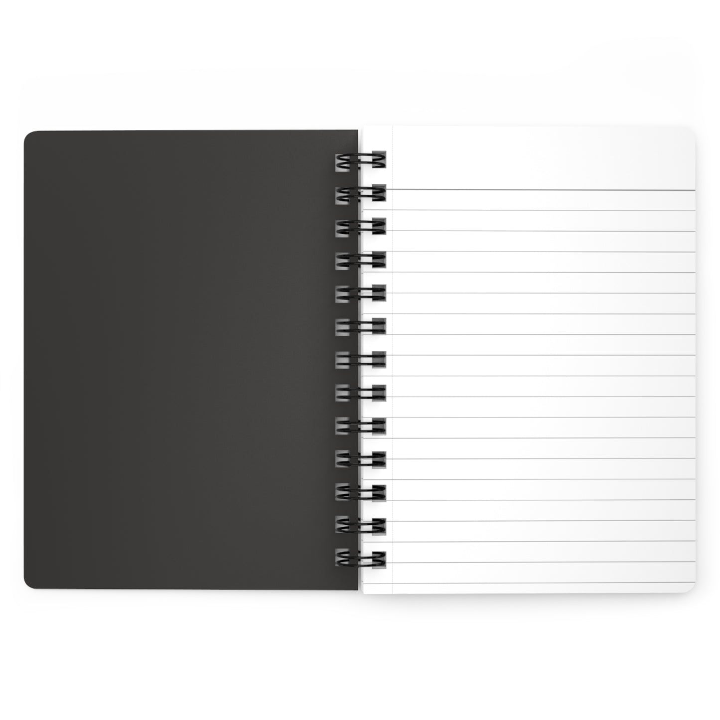 Notebook with solid black cover and white lined pages on a white background