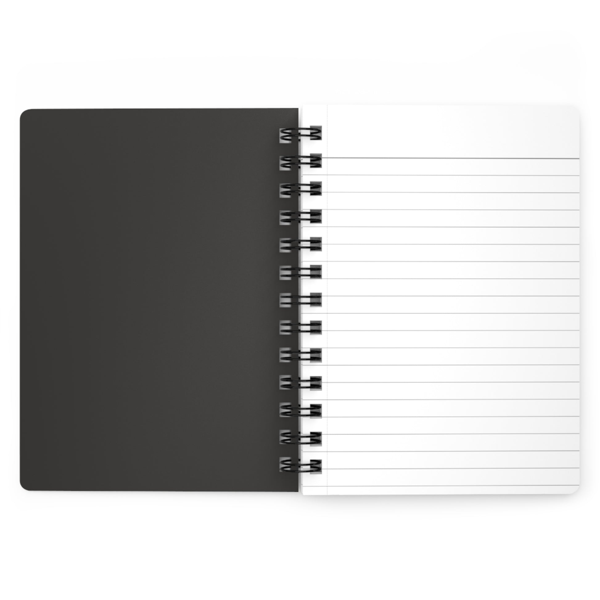 Notebook with solid black cover and white lined pages on a white background