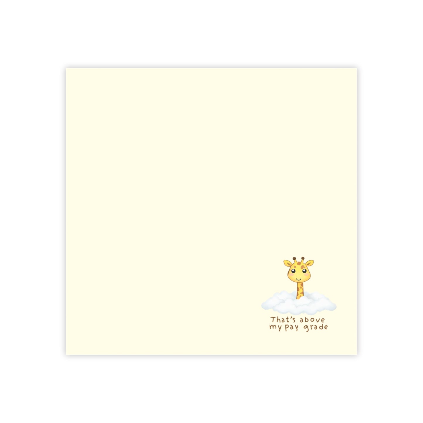 Note card with a giraffe illustration and text on a light yellow background