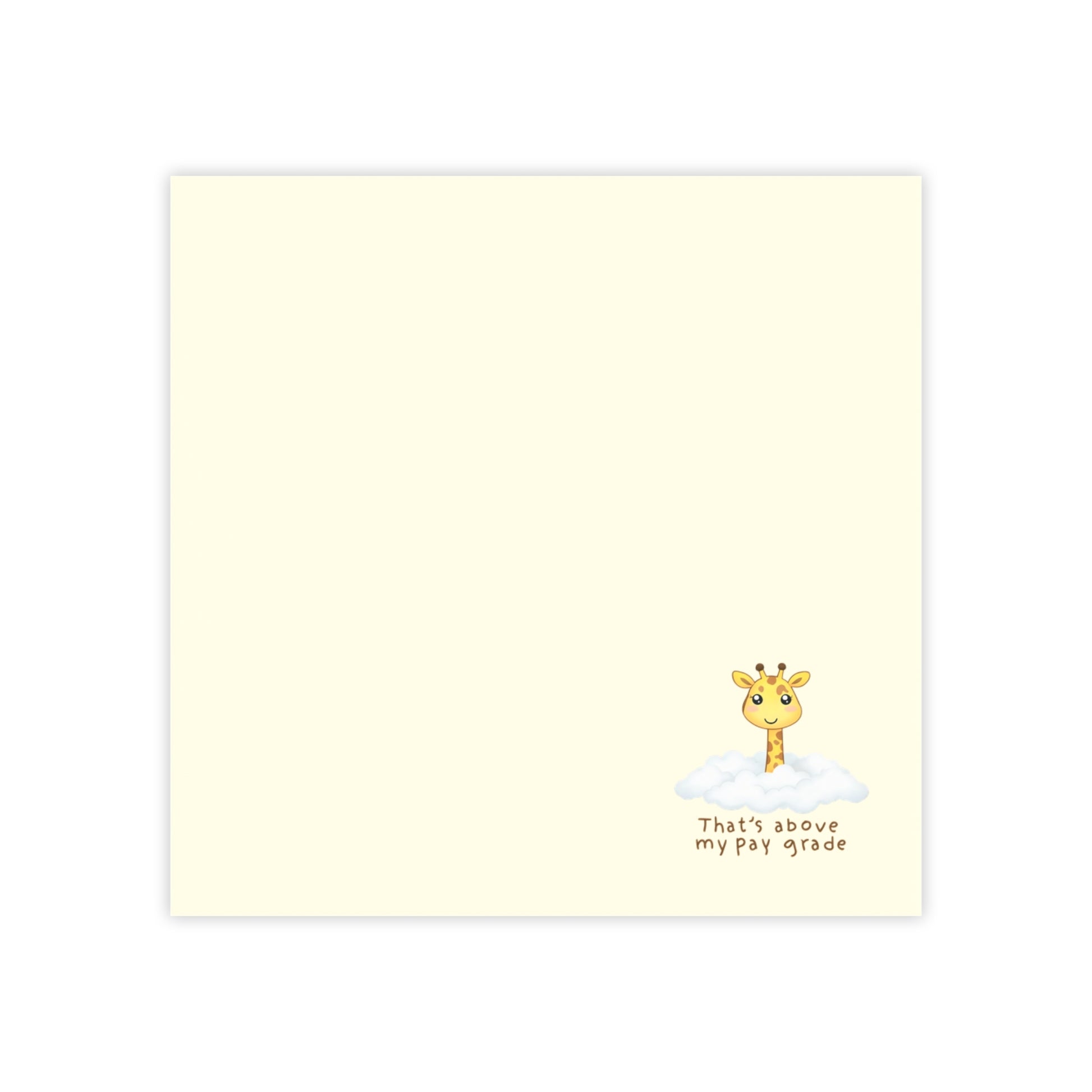 Note card with a giraffe illustration and text on a light yellow background