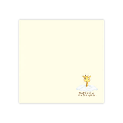Note card with a giraffe illustration and text on a light yellow background