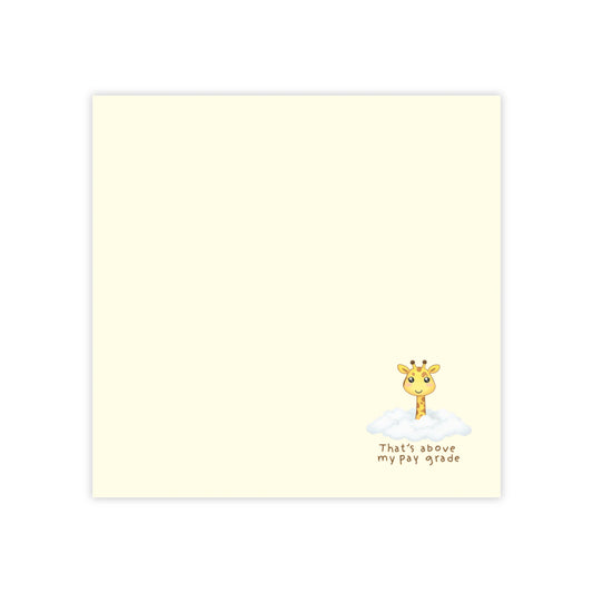 Note card with a giraffe illustration and text on a light yellow background