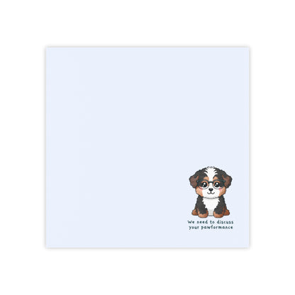 Note card with a dog illustration and text on a light blue background