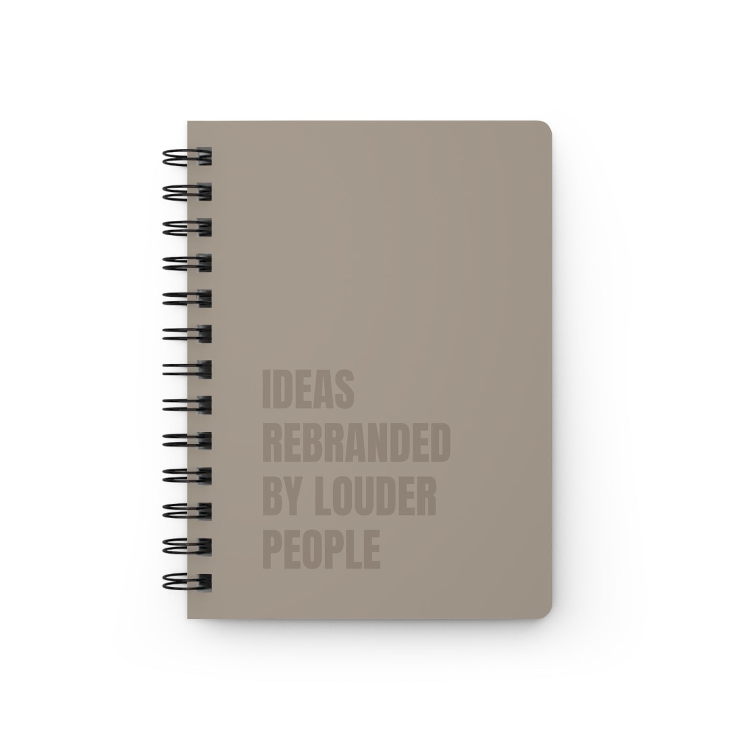 Beige notebook with 'Ideas Rebranded by Louder People' text on a white background