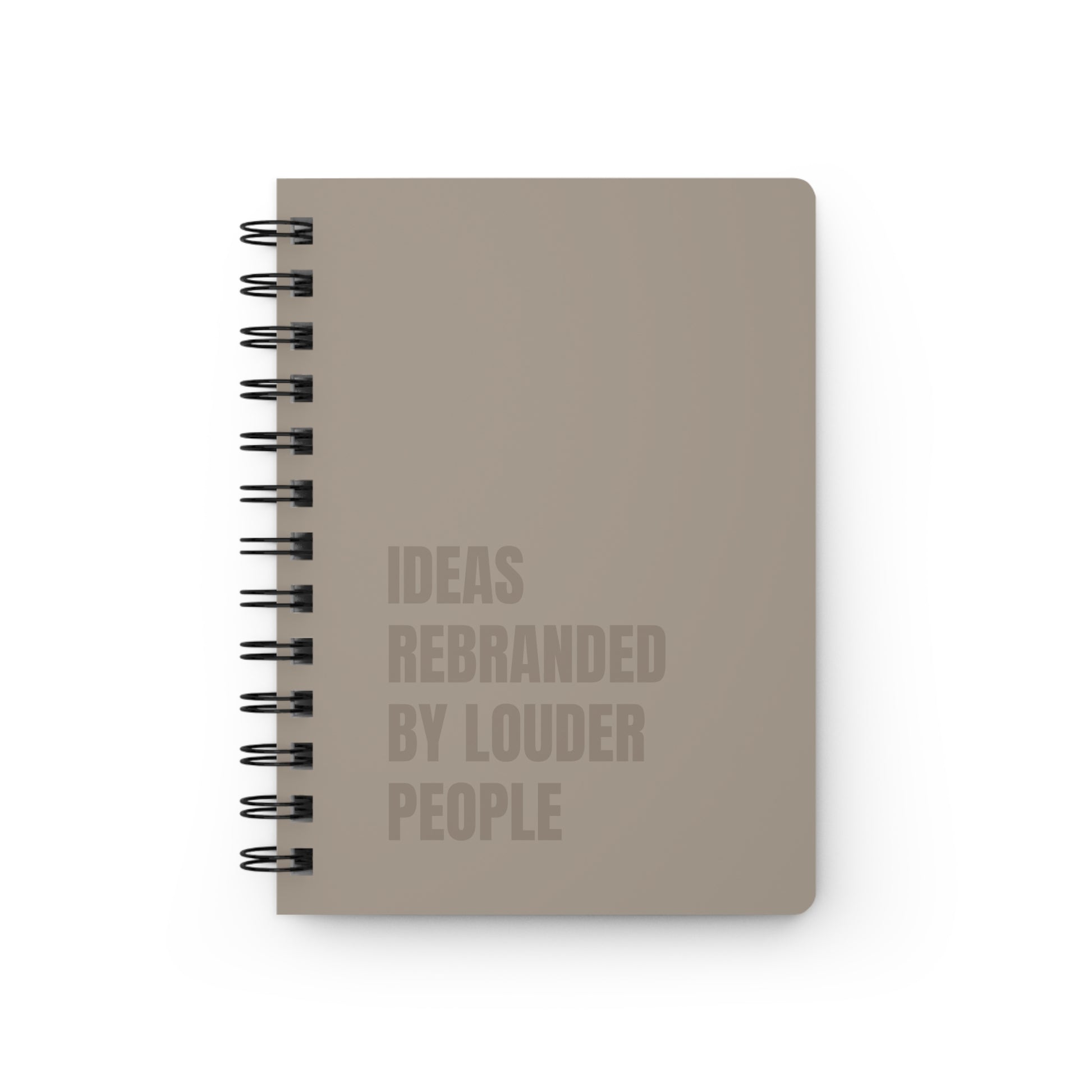 Beige notebook with 'Ideas Rebranded by Louder People' text on a white background