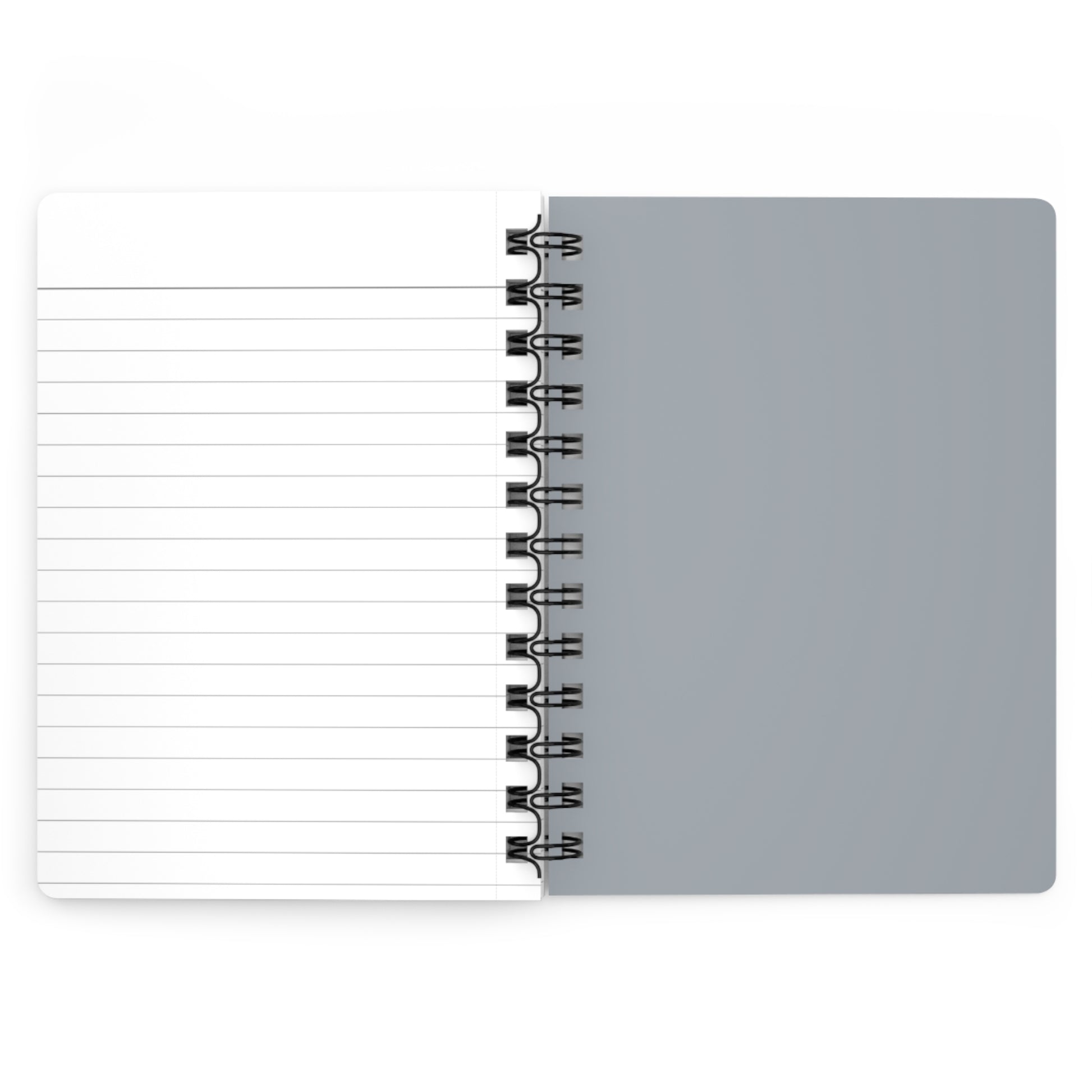 Notebook with gray cover and lined white pages on a white background