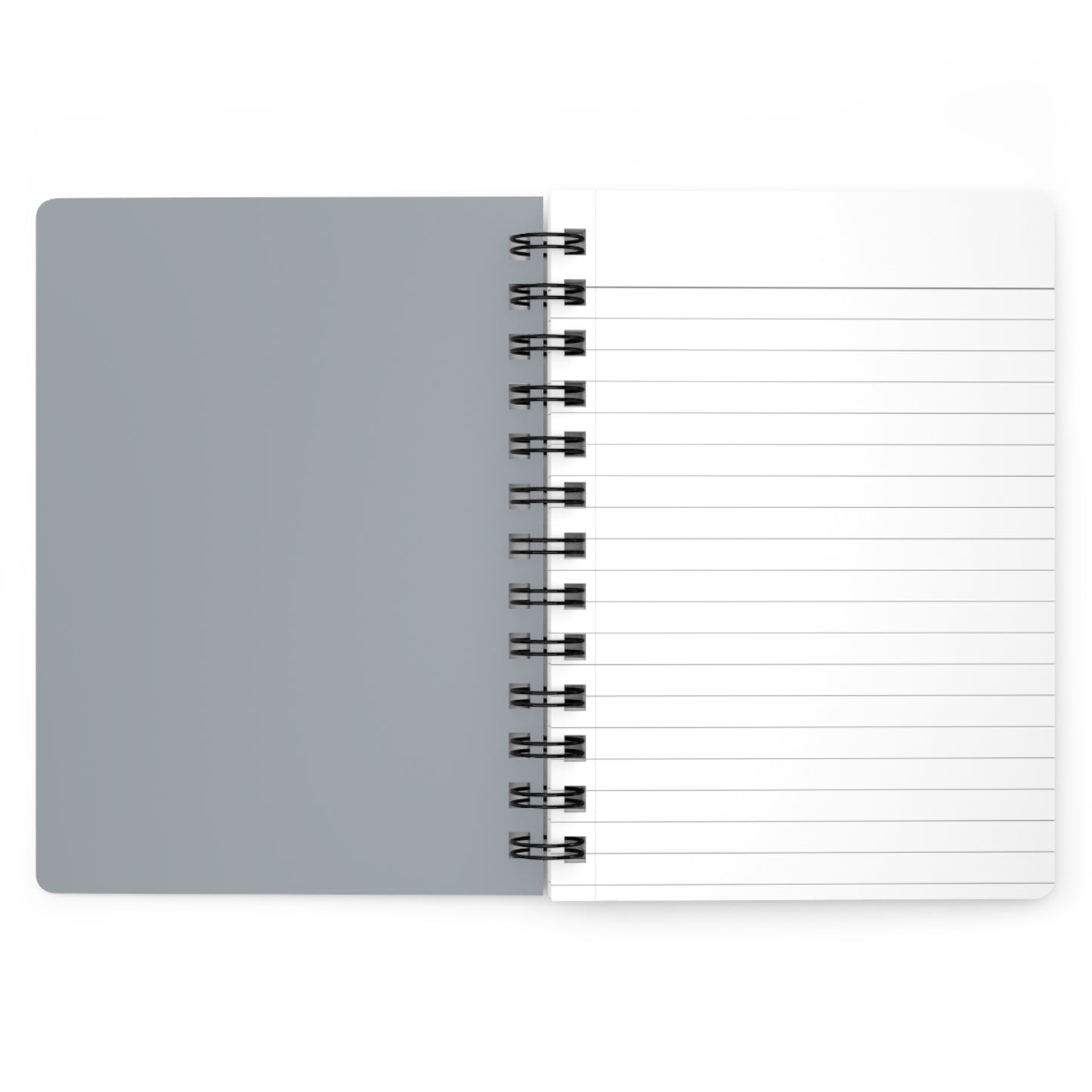 Gray notebook with a spiral binding on a white background