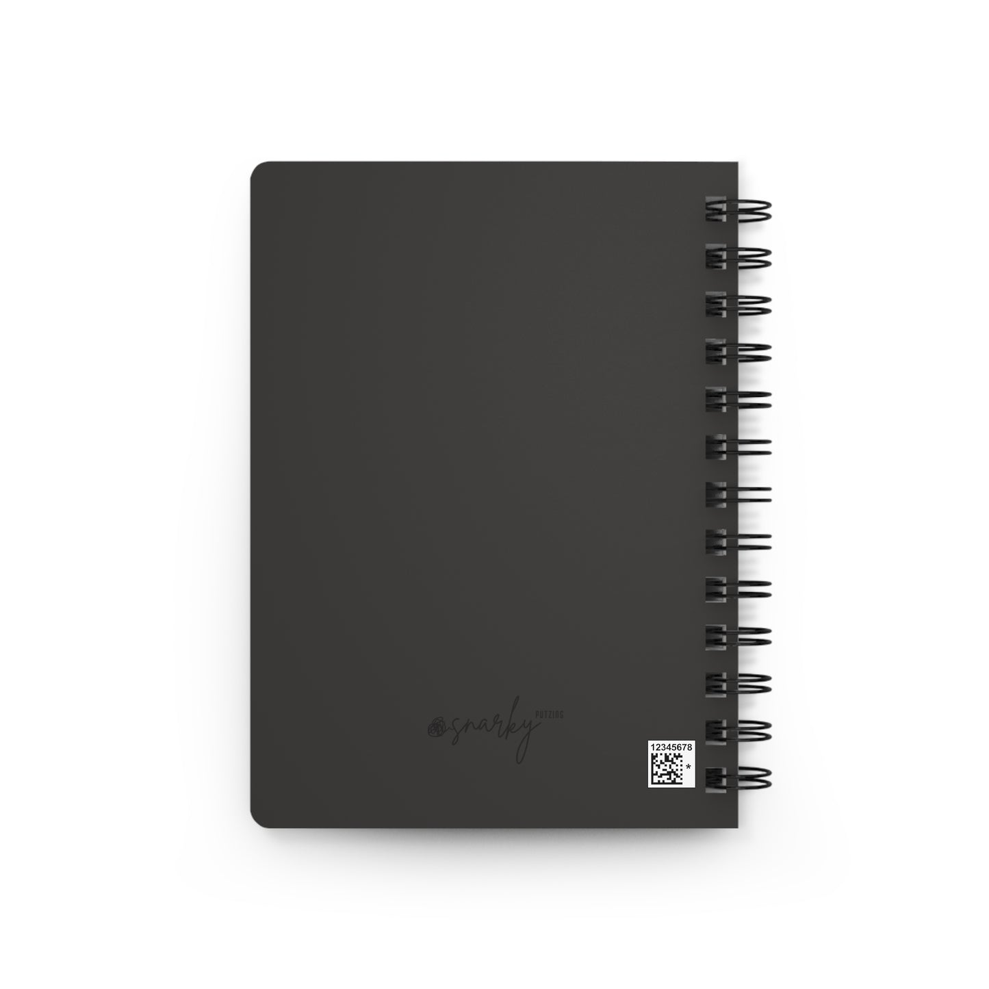 Black spiral-bound notebook with a brand logo on a white background