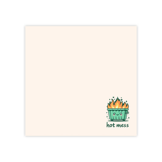 Notepad with a cartoon cactus illustration and 'hot mess' text on a beige background