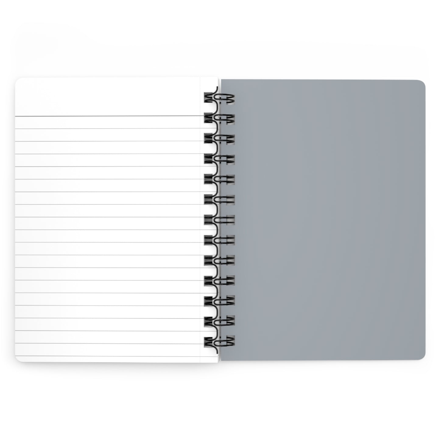 Notebook with gray cover and lined white pages on a white background