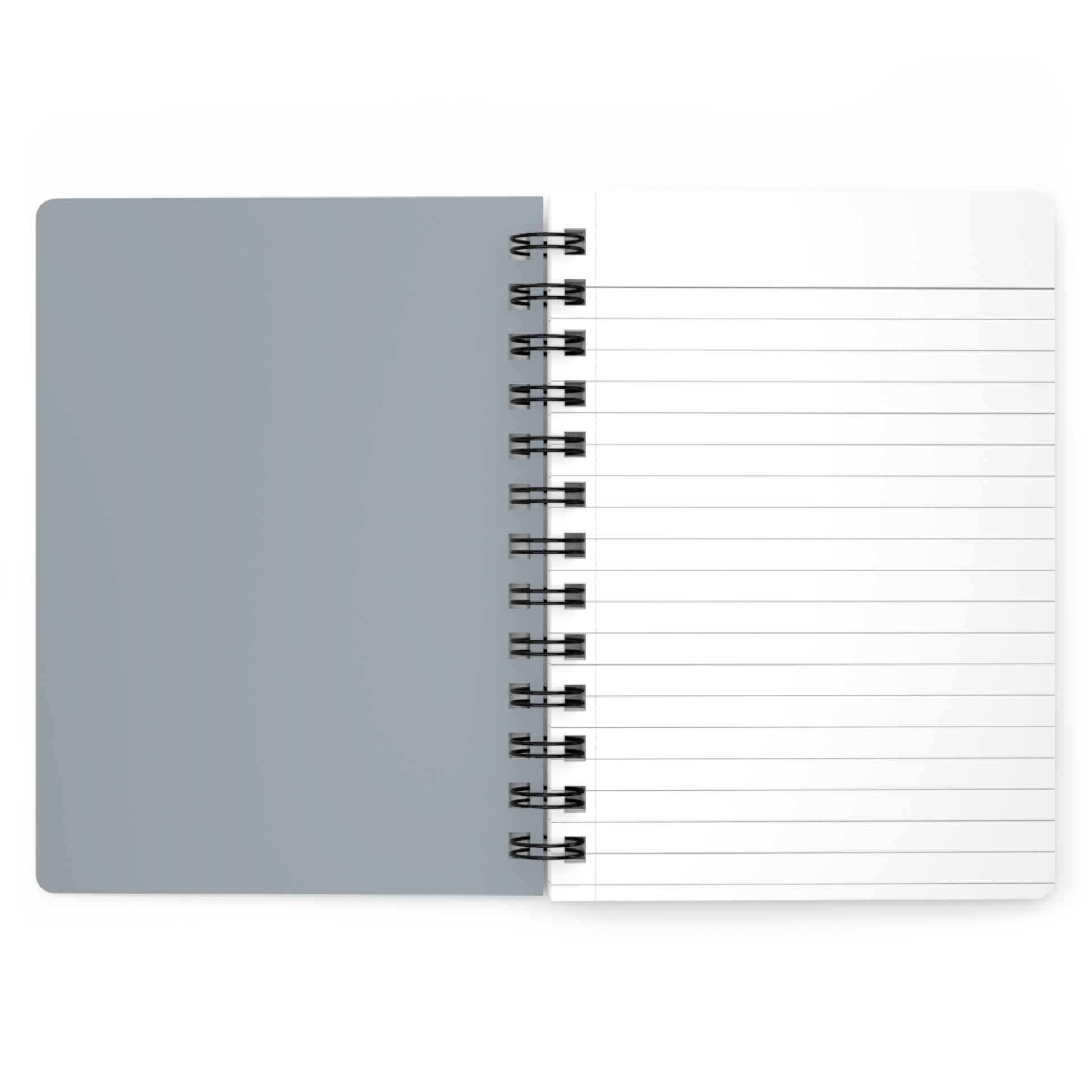 Gray notebook with a spiral binding on a white background