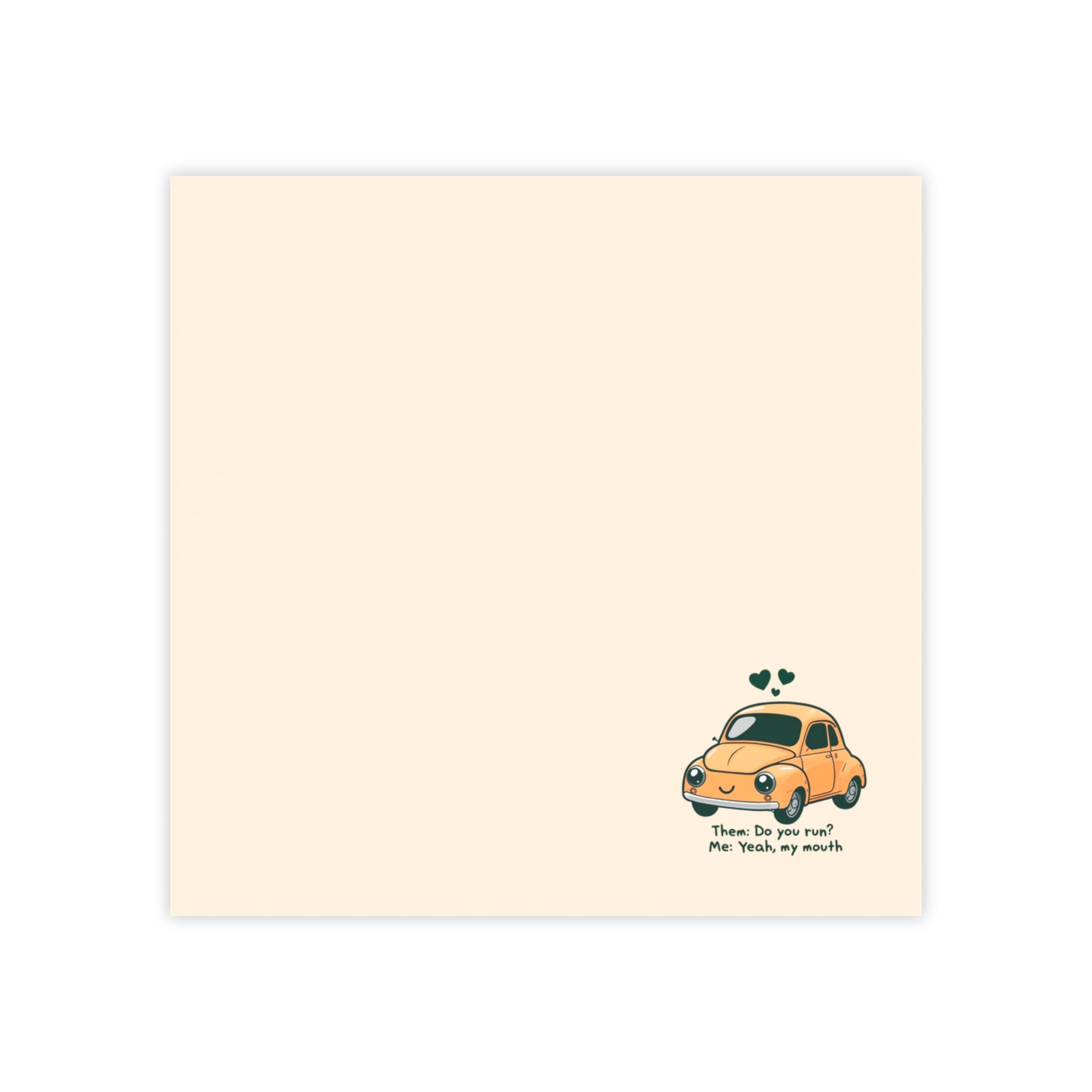 Note card with a cartoon car and text on a beige background