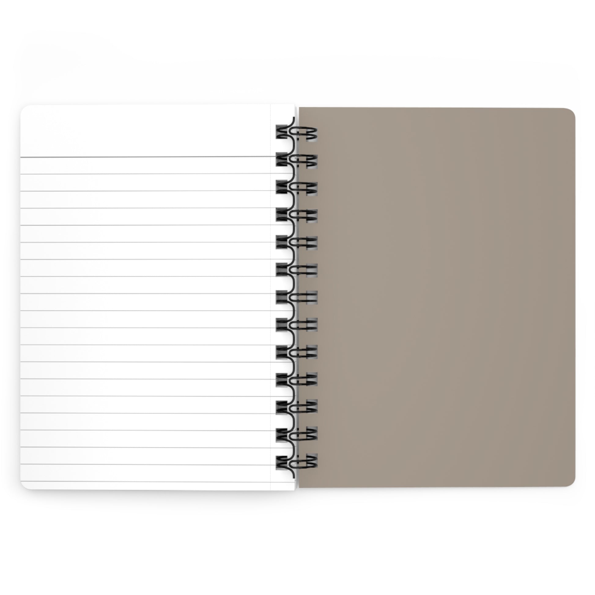 Spiral-bound notebook with beige cover and lined white pages on a white background