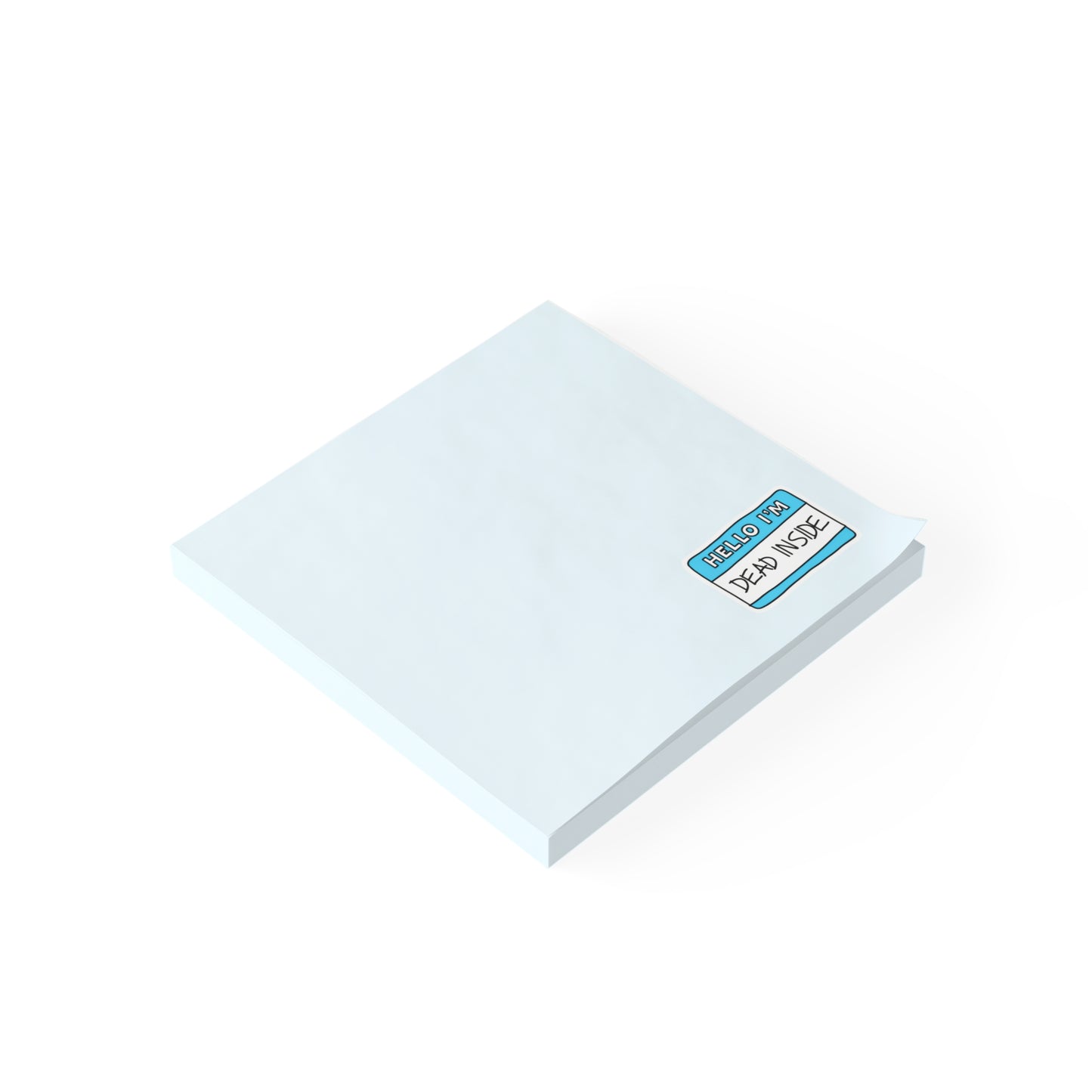 Stack of white sticky notes with a blue label on a white background