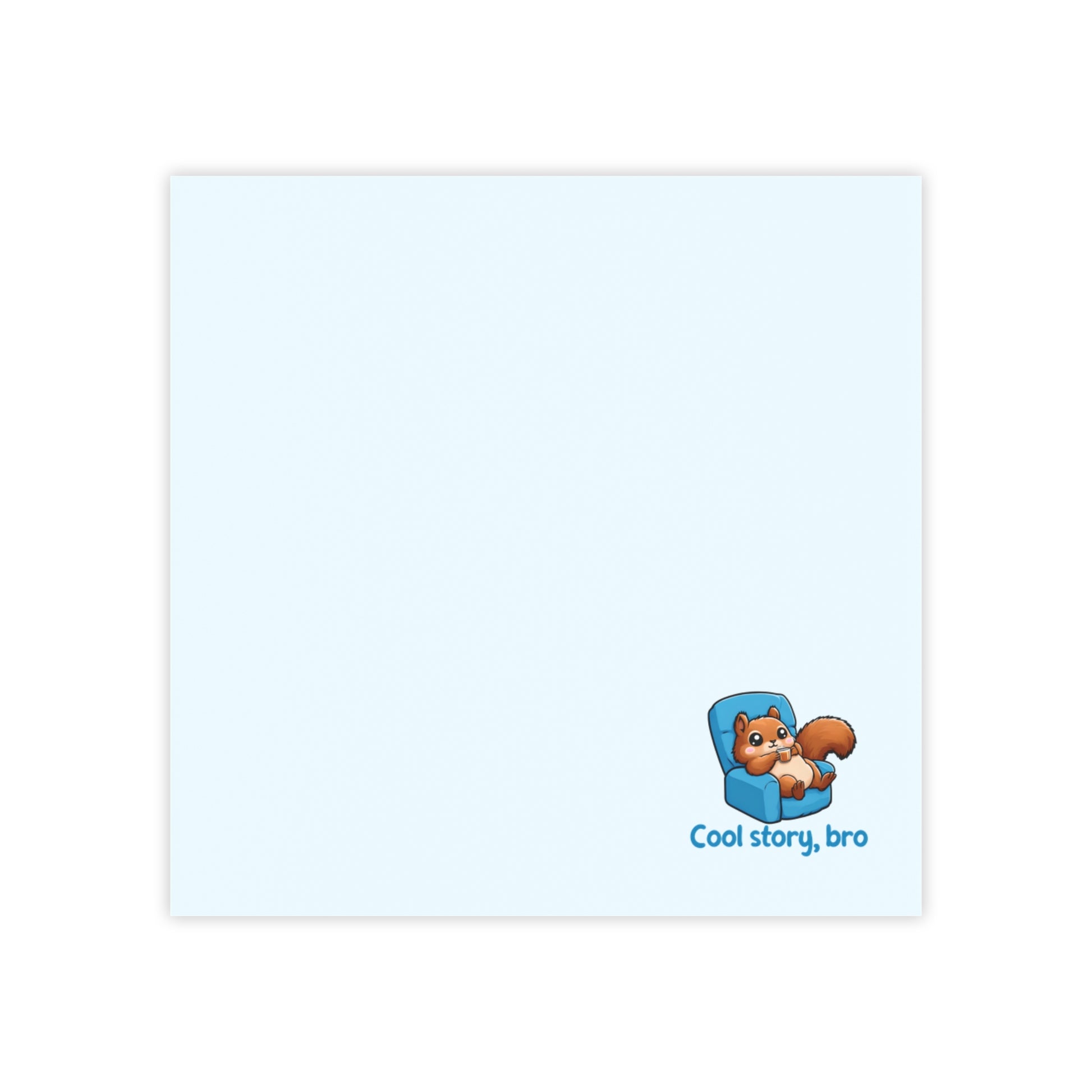 Front view of a square light blue sticky note pad with a small squirrel illustration in the bottom right corner.
