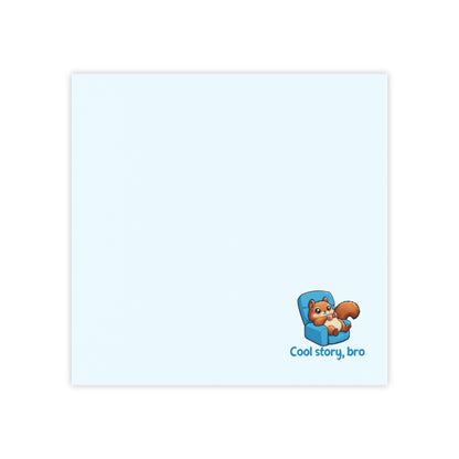 Front view of a square light blue sticky note pad with a small squirrel illustration in the bottom right corner.