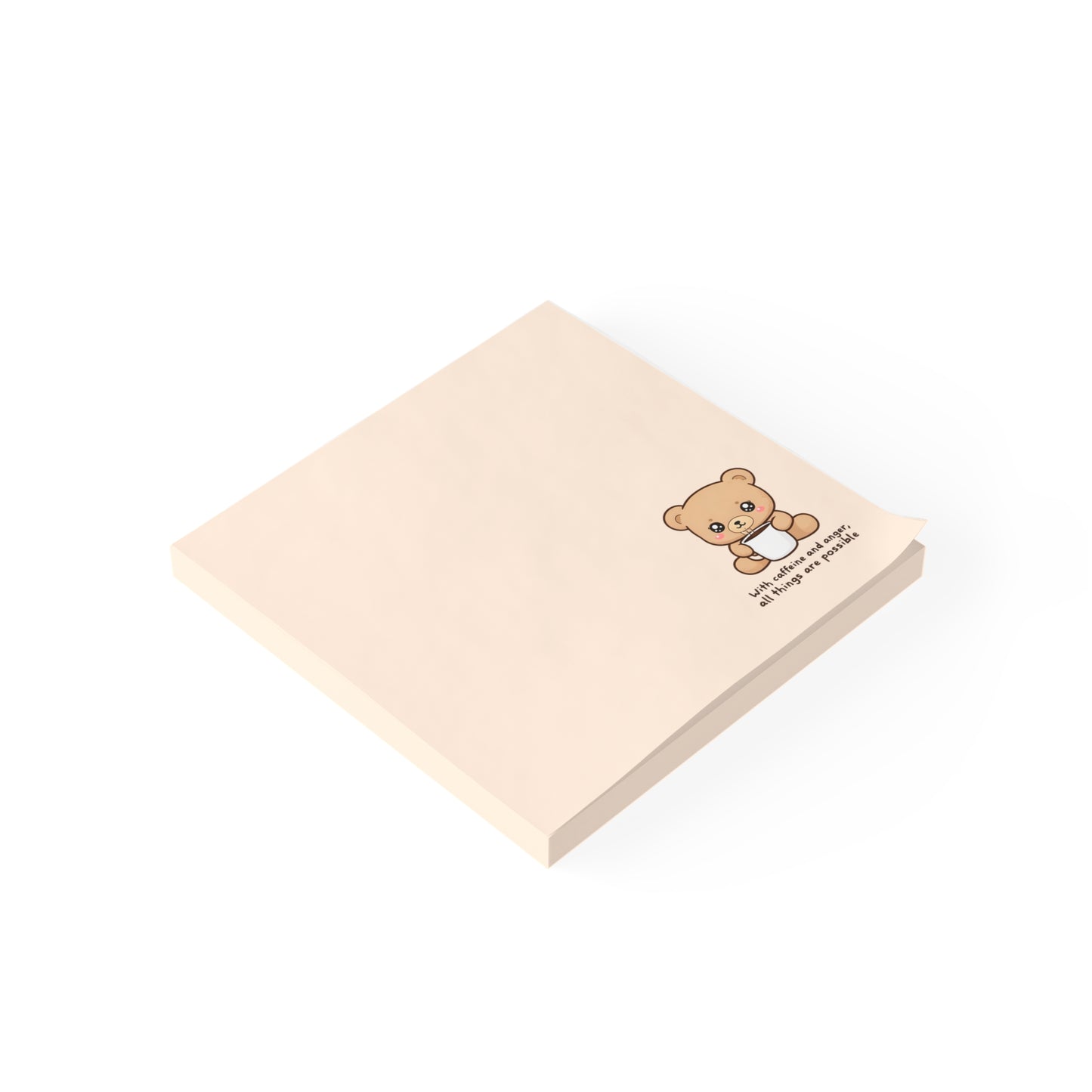 Beige notepad with a teddy bear illustration and text on a white background