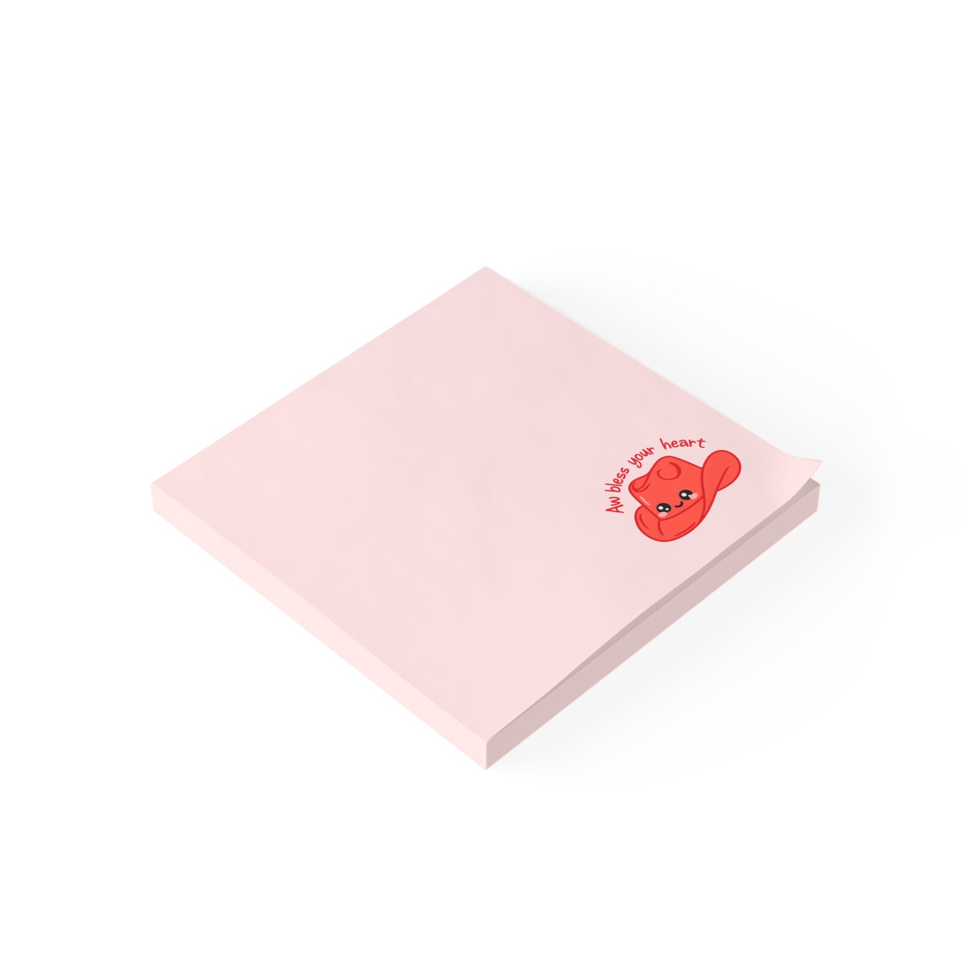 Light pink sticky note pad with a small, cute red cowboy hat character and the phrase “Aw bless your heart” printed in the bottom right corner against a white background.