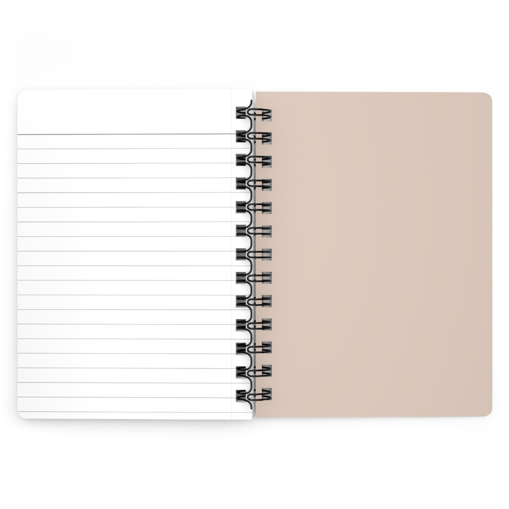 Open back cover of solid Beige spiral notebook showing white lined notebook paper