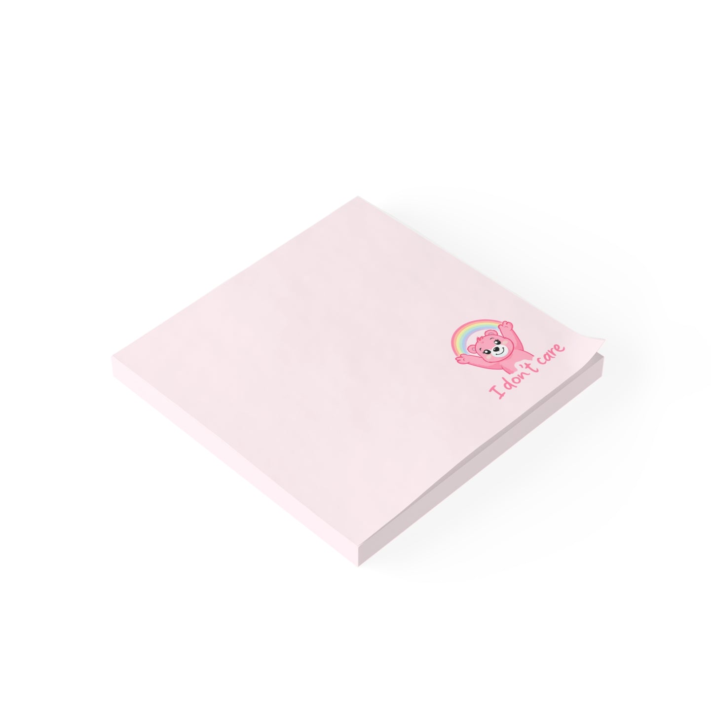 Pink notepad with a cartoon character and text on a white background