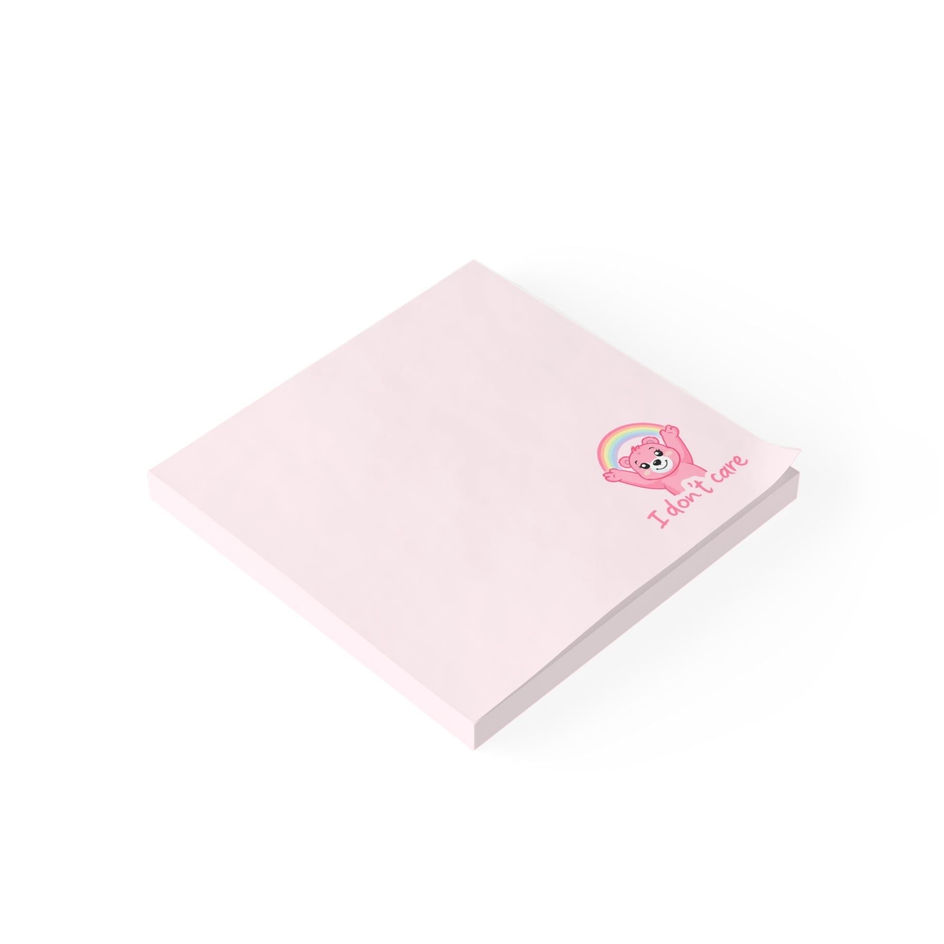 Pink notepad with a cartoon character and text on a white background