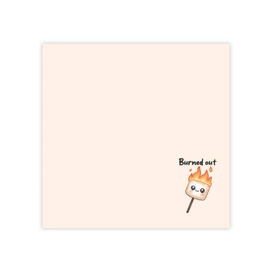 Notebook with a marshmallow on a stick illustration and 'Burned out' text on a beige background