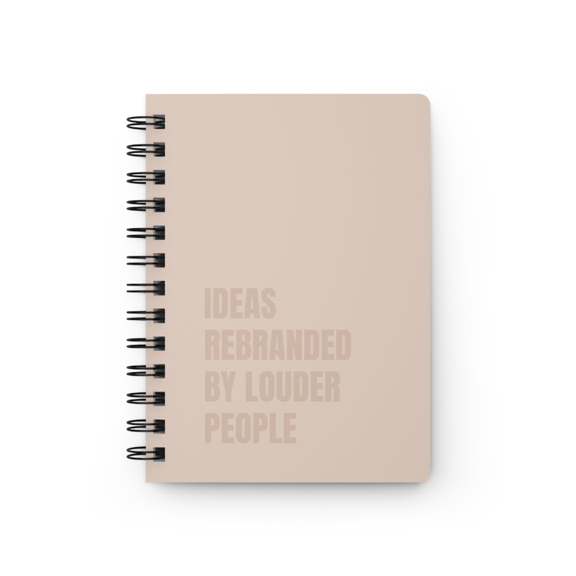 Beige notebook with text on a white background