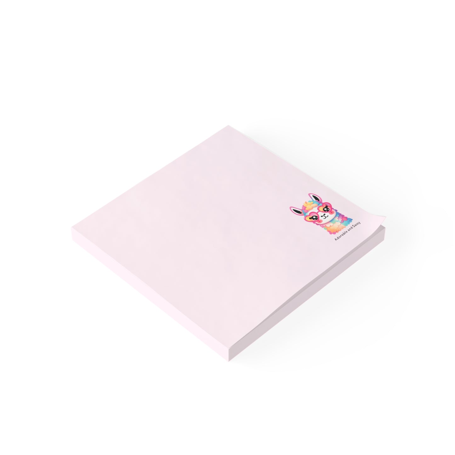 Pink notepad with a colorful cartoon character on a white background