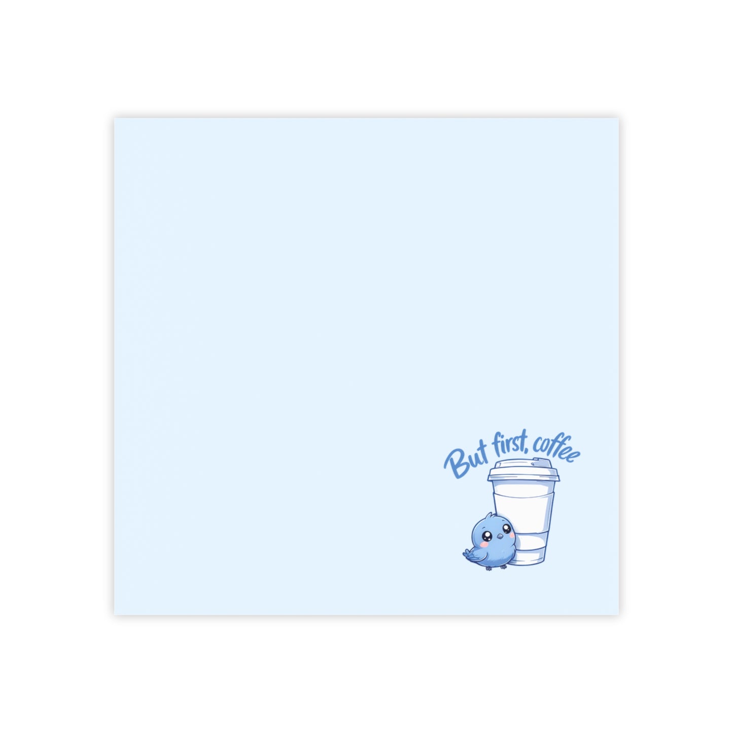 Notepad with a blue bird and coffee cup illustration on a light blue background