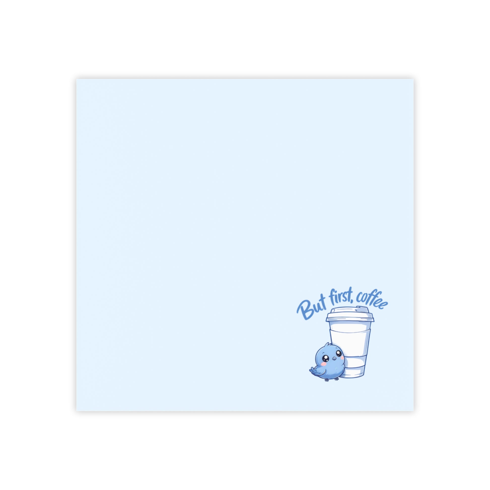 Notepad with a blue bird and coffee cup illustration on a light blue background