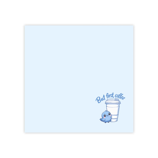 Notepad with a blue bird and coffee cup illustration on a light blue background