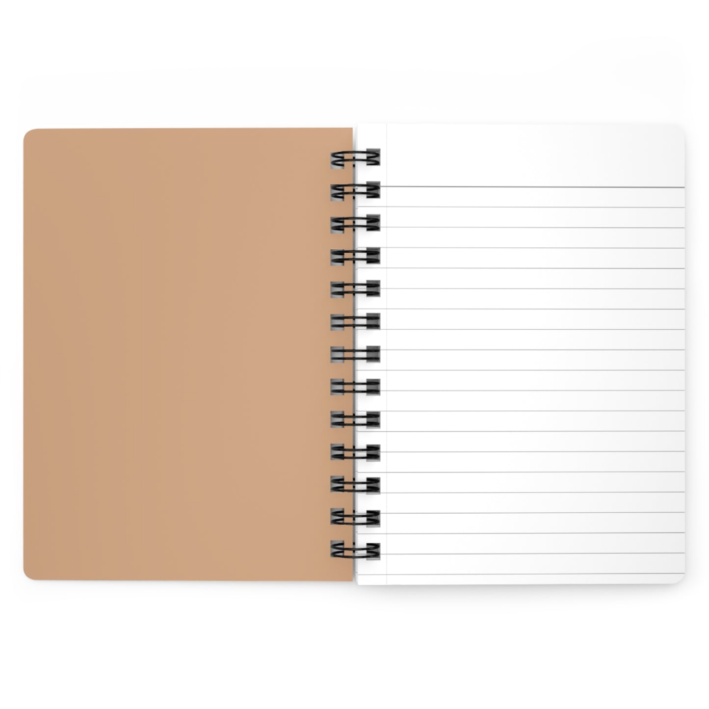 Notebook with beige cover and white lined pages on a white background
