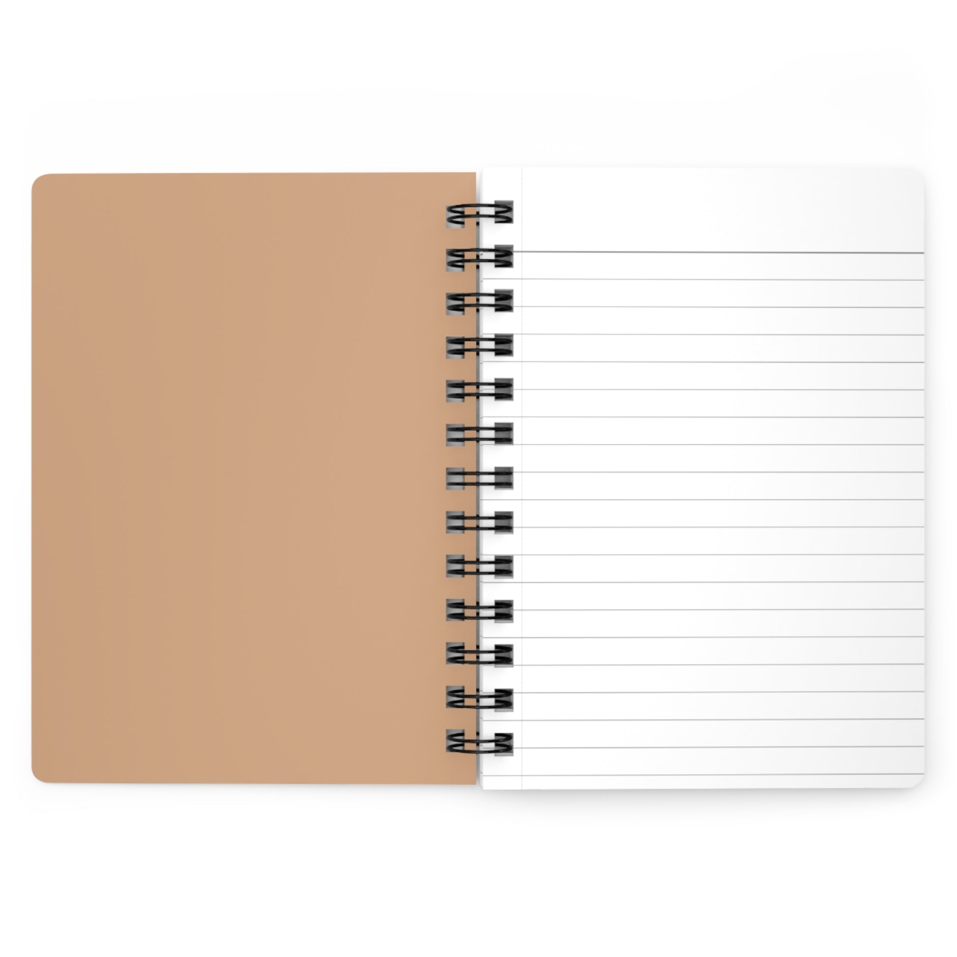 Notebook with beige cover and white lined pages on a white background