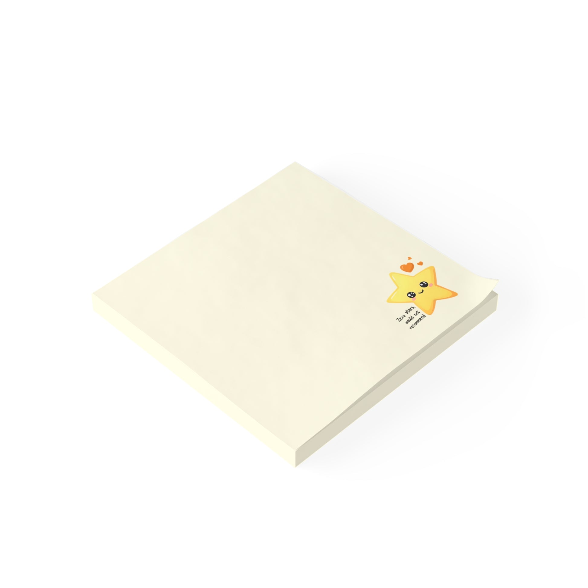Angled product view of a square cream sticky note pad with a small smiling star design near the corner.