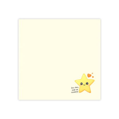 Front view of a square cream sticky note pad with a cute smiling star illustration in the bottom right corner.