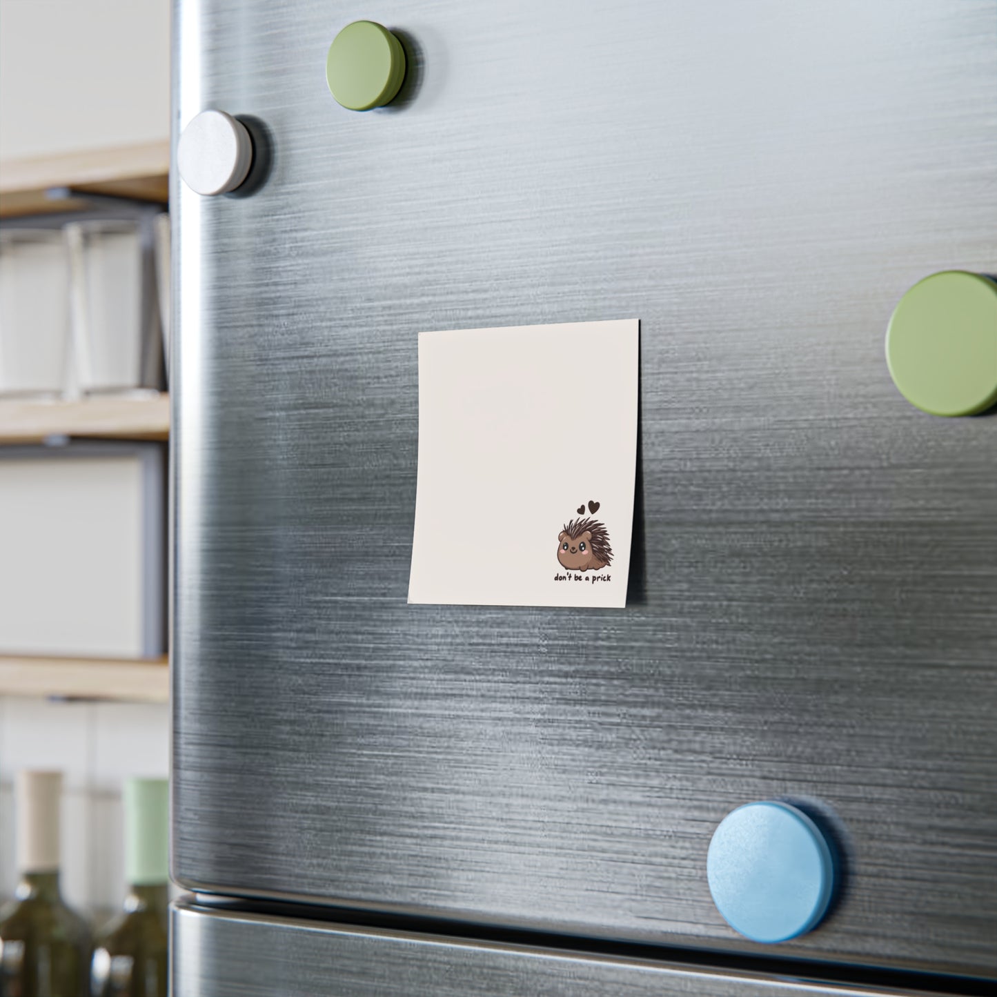 Fridge with colorful magnets and a note on a kitchen background