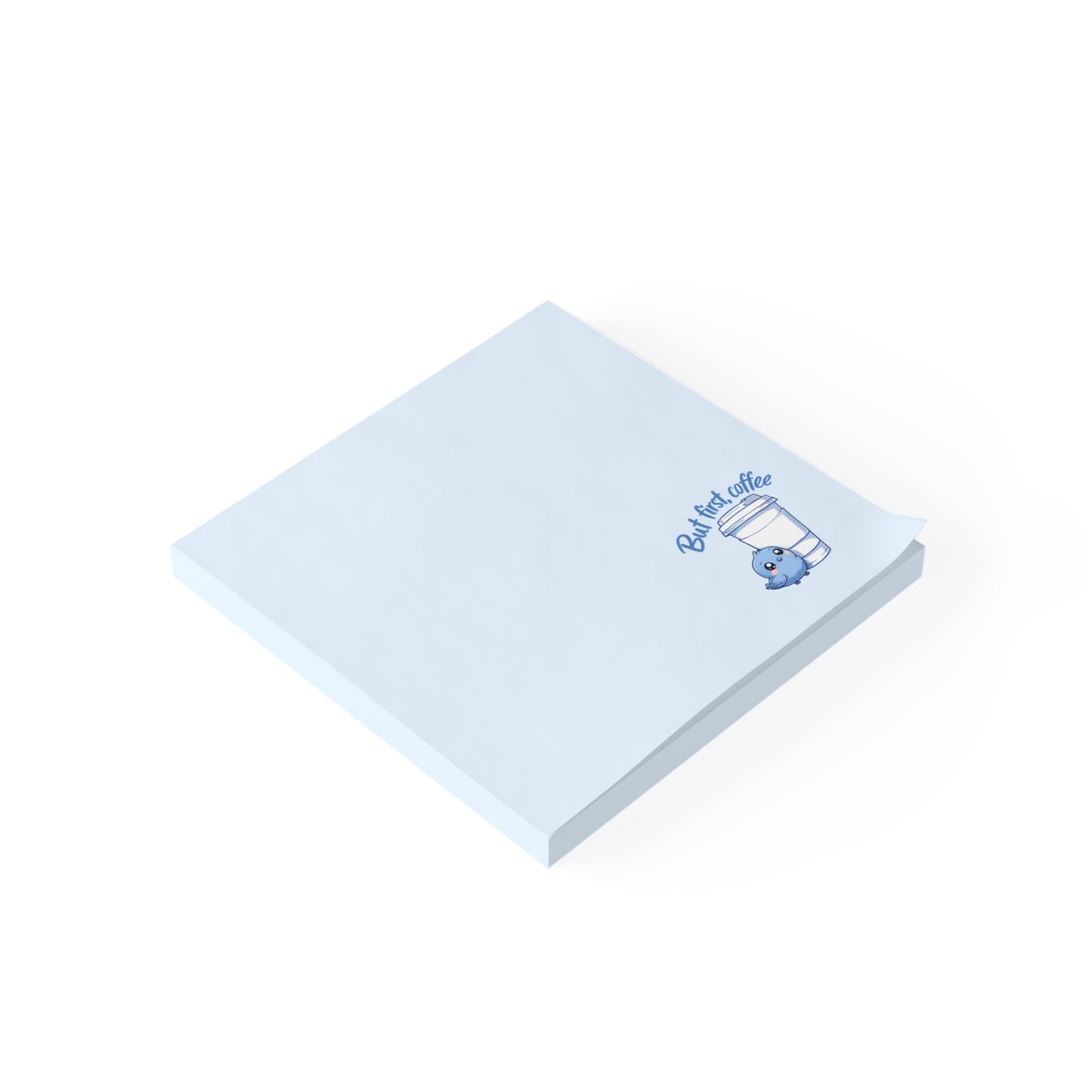 Light blue notepad with a cartoon character and text on a white background