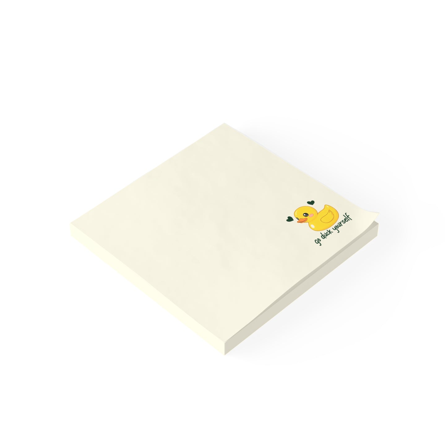 Notepad with a yellow duck illustration and text on a white background