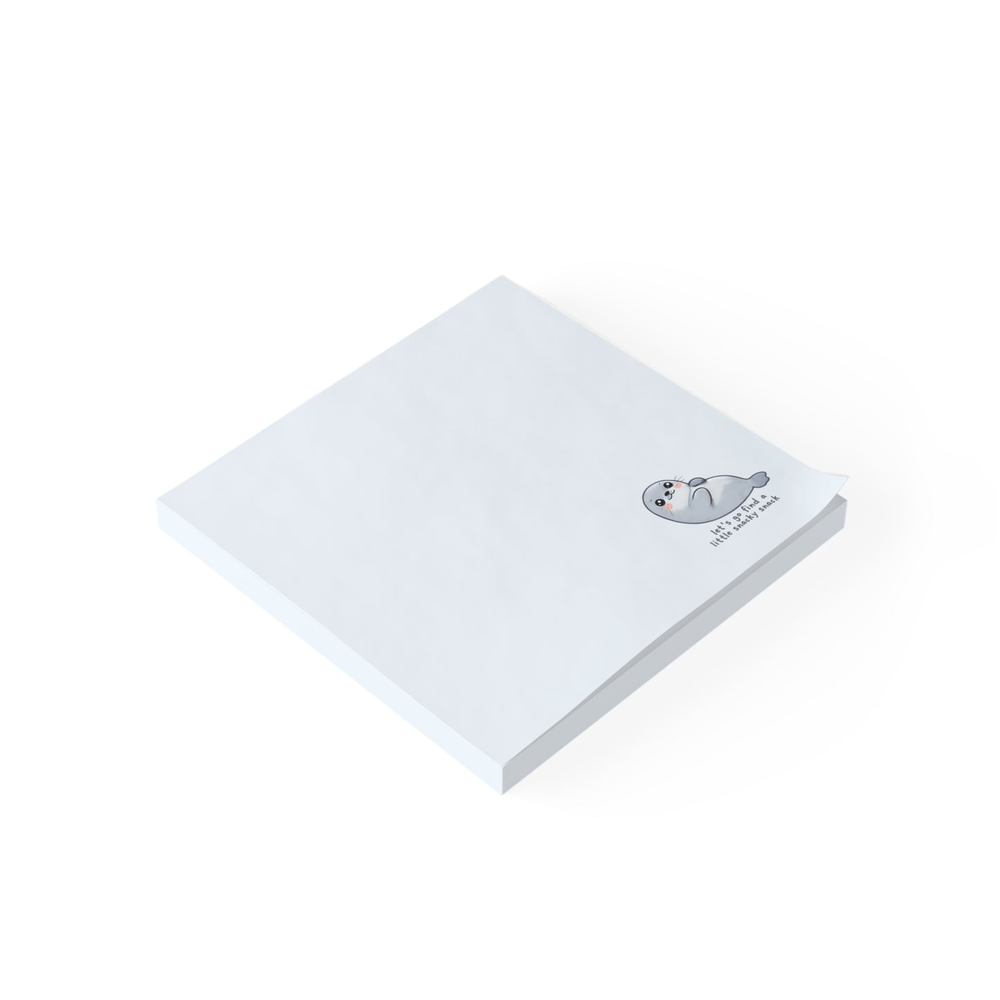 Blue sticky note with a seal illustration and text on a white background