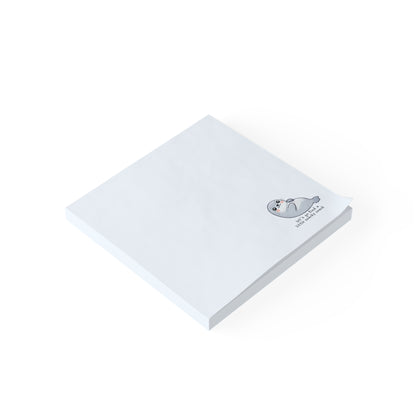 Blue sticky note with a seal illustration and text on a white background