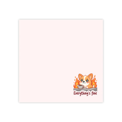 Notepad with a corgi illustration and 'Everything's fine' text on a light pink background