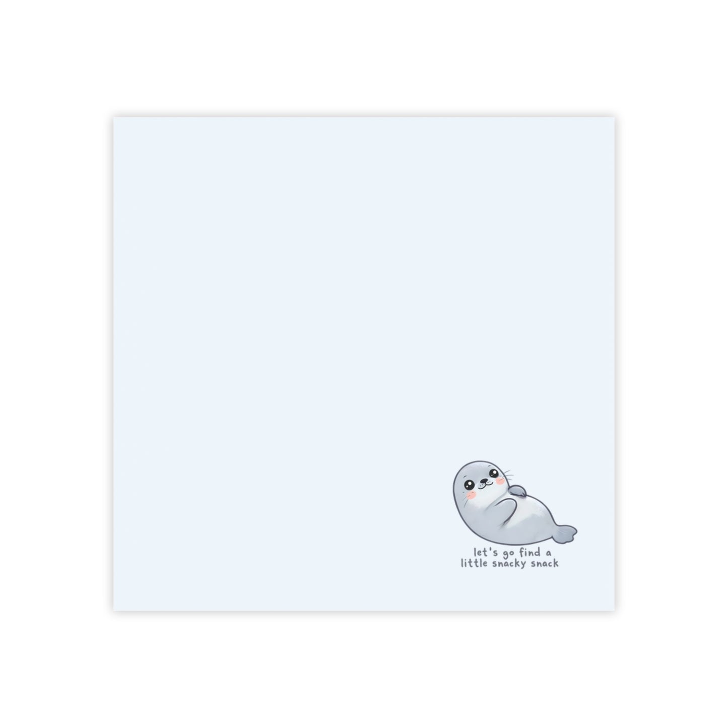 Note card with a seal illustration and text on a white background